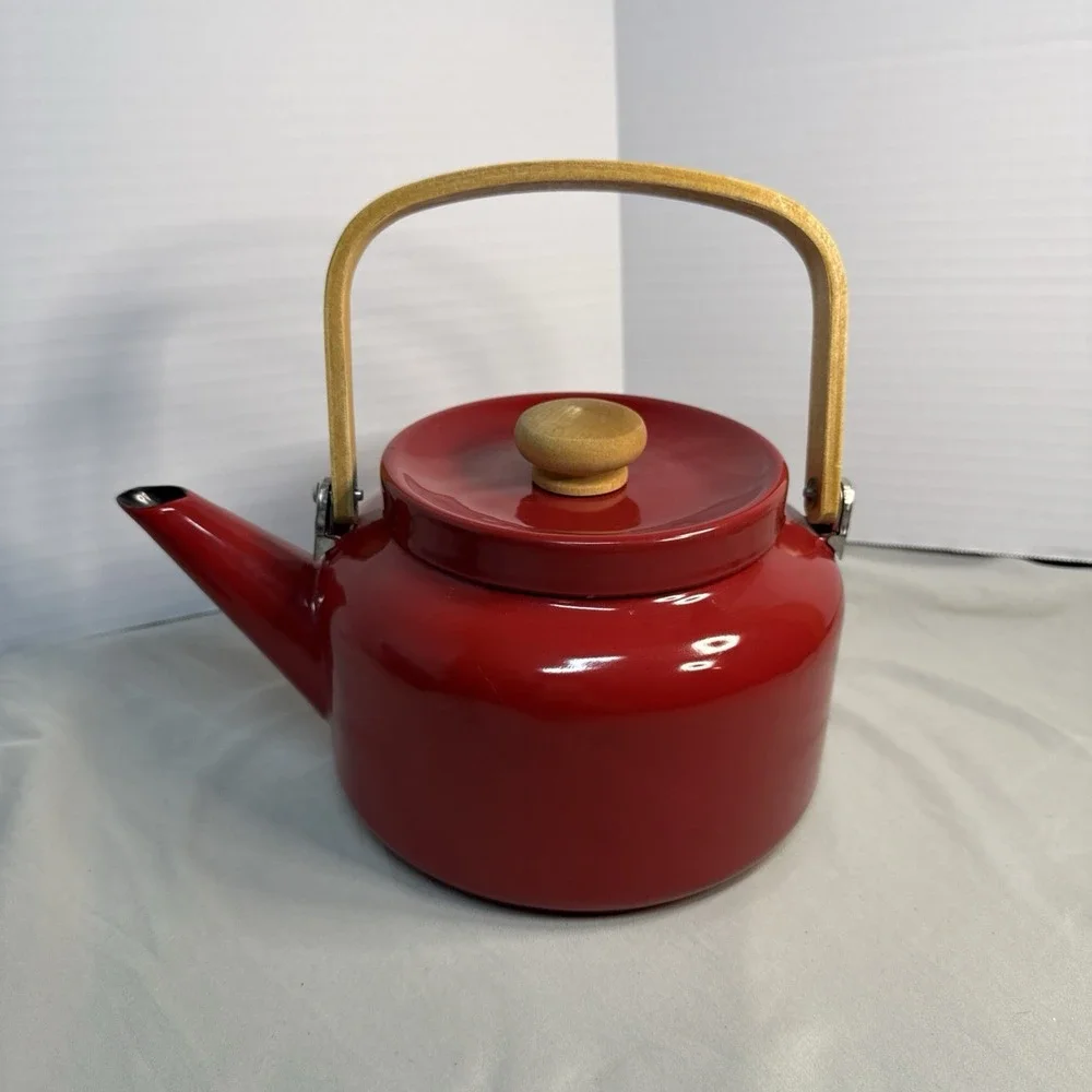Vintage Mid-Century Modern Red Enamel Stovetop Tea Kettle